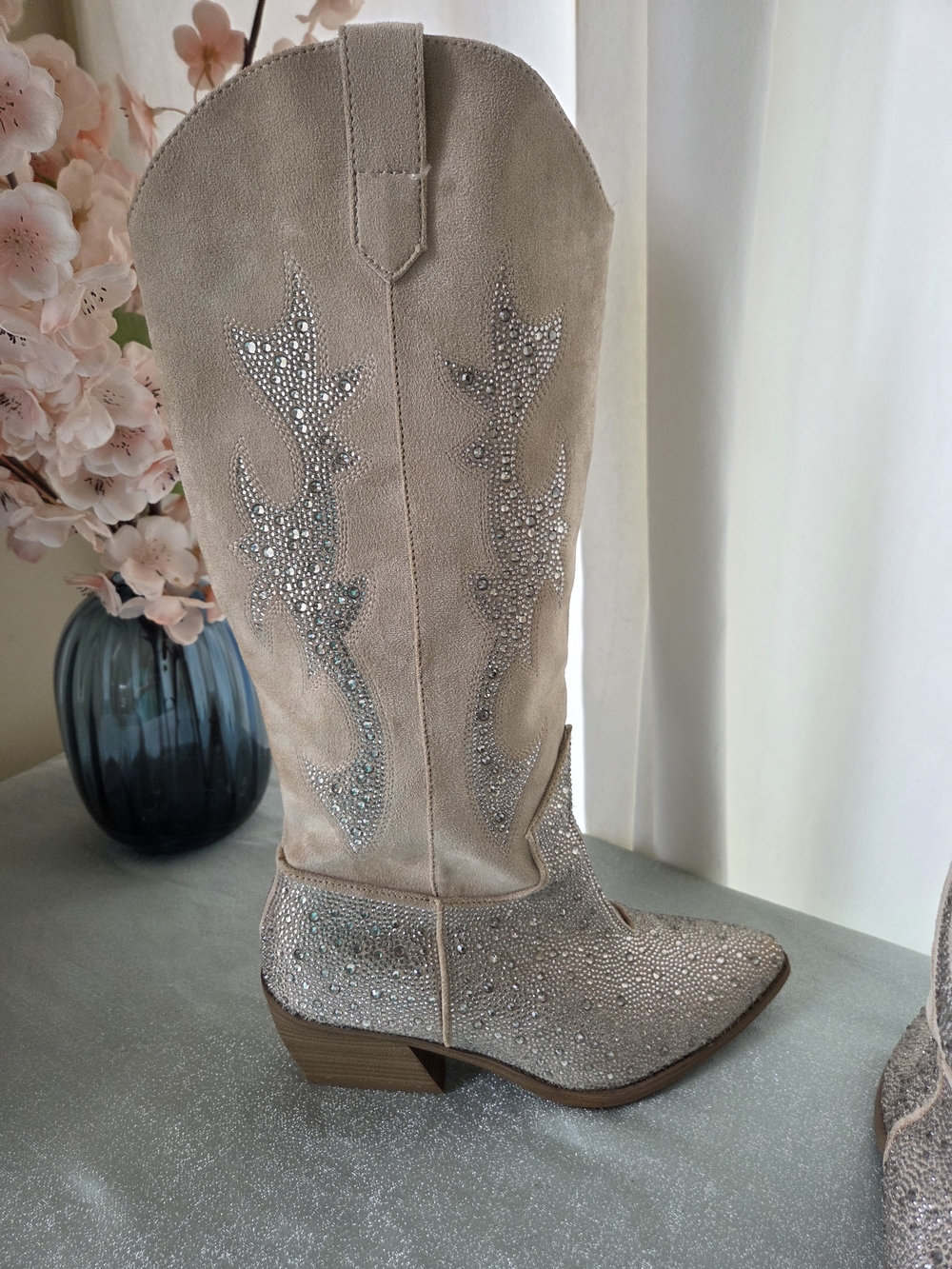 Crystal Embellished Taupe Tan Suede Knee-High Western Cow Girl Boots Madden NYC - Picture 9 of 16